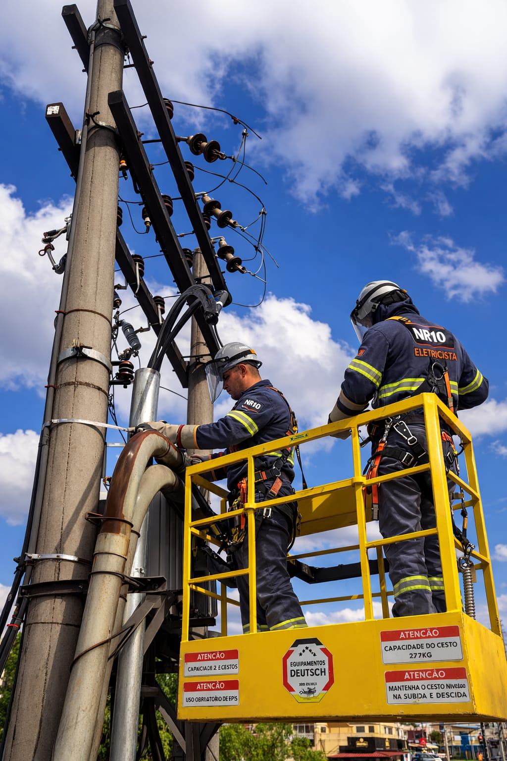Equipe CLtech trabalhando em rede de média tensão em plataforma elevatória
